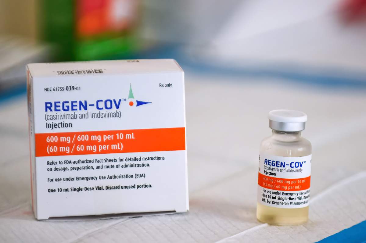 A box and vial of the Regeneron monoclonal antibody.
