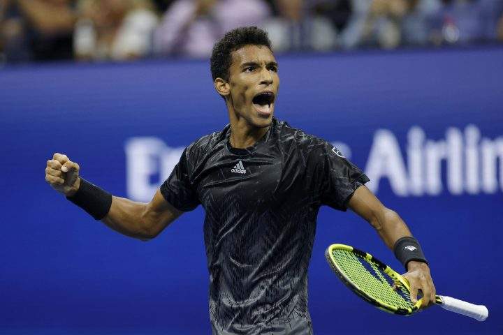 Felix Auger-Aliassime of Canada reacts against Carlos Alcaraz of Spain during his Men’s Singles quarterfinals match on September 07, 2021 in the Flushing neighborhood of the Queens borough of New York City.