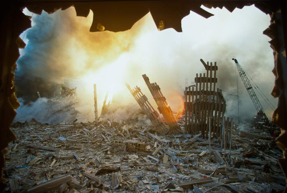 The rubble of the World Trade Center smoulders following a terrorist attack September 11, 2001.