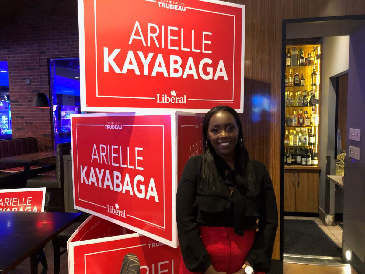 Liberal candidate for London West Arielle Kayabaga poses for a photo while celebrating her win with supporters at Palasad South on election night.