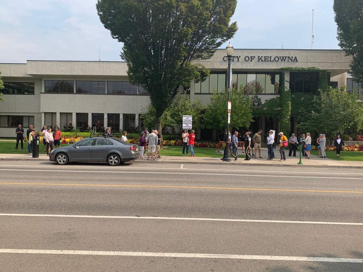 A protest against B.C.’s vaccine passport in front of Kelowna City Hall drew a small crowd on Wednesday afternoon.