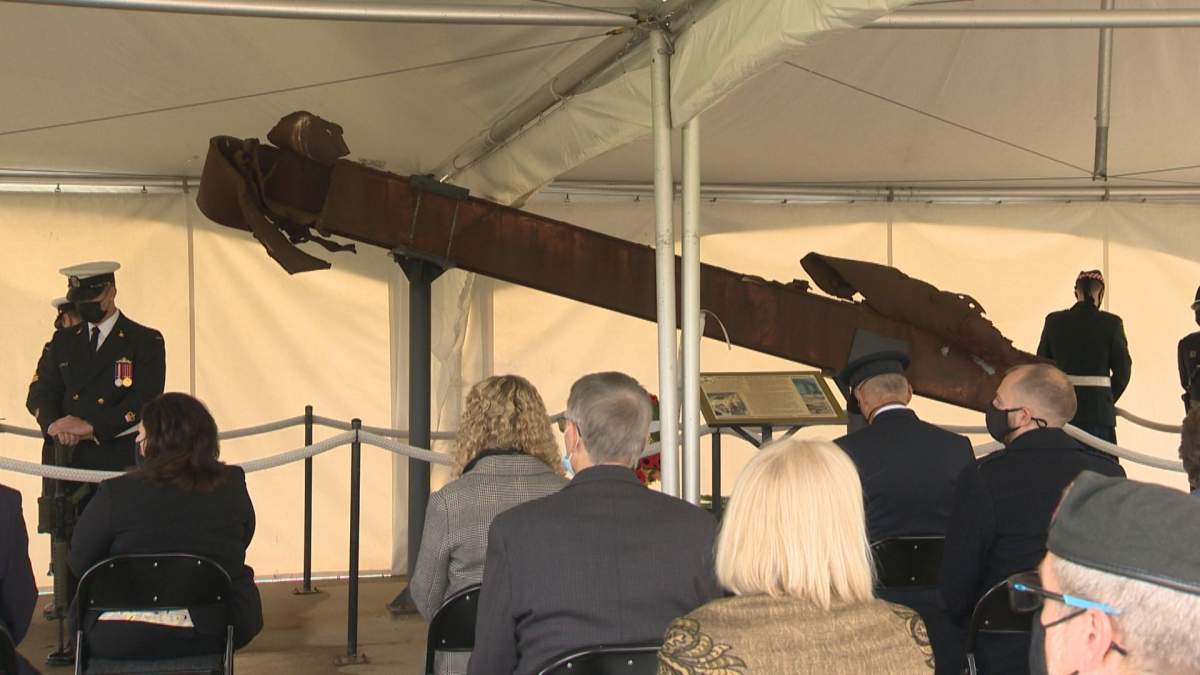 A piece of the World Trade Center on display at the Military Museums in Calgary on Saturday, Sept. 11, 2021.