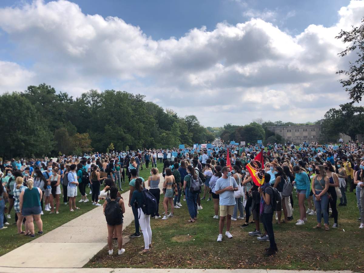 Students gathered on UC Hill for a walkout at Western University on Sept. 17, 2021.