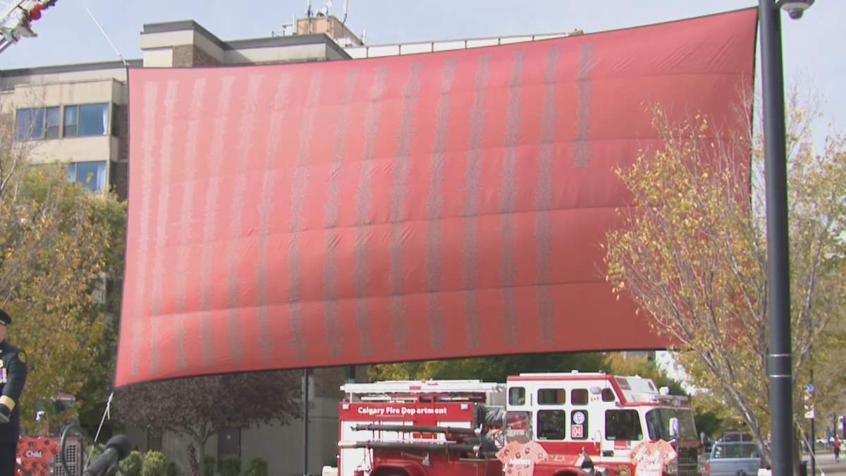 A banner containing the names of thousands of children who died in Canadian residential schools.