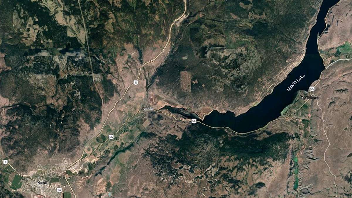 A map showing Nicola Lake, on the right, and its proximity to the small community of Merritt. Police say officers from the Merritt RCMP detachment attended an area near Nicola Lake on Sept. 14, and located the body just before 8 a.m.