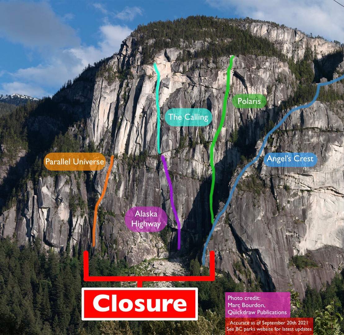 A map on the B.C. Parks website shows all of the climbing route closures in effect on the North Wall, where a rockslide took place on Sept. 20, 2021.