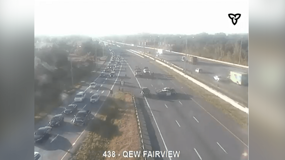 OPP says an early morning truck fire shut down the Toronto-bound lanes of the QEW in Burlington on Sept. 9, 2021.