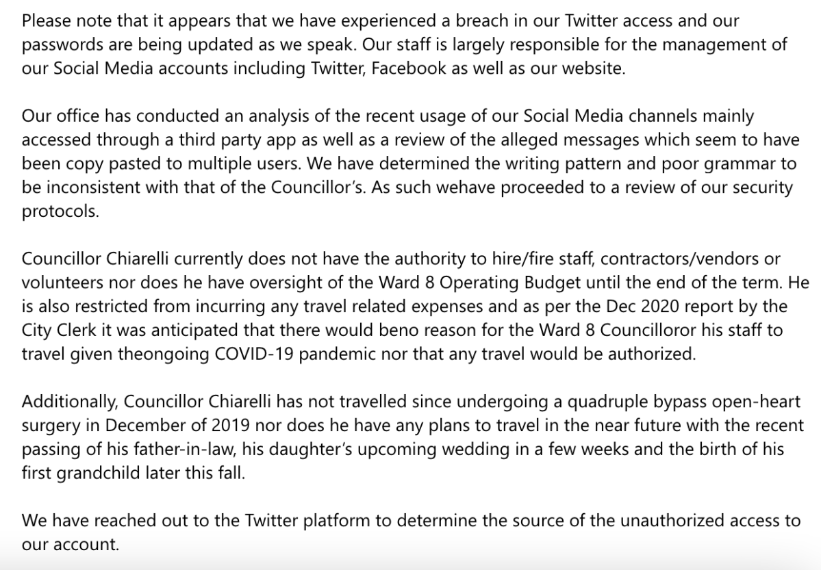 Ottawa Coun. Rick Chiarelli claims Twitter account hacked after sexual messages surface - image