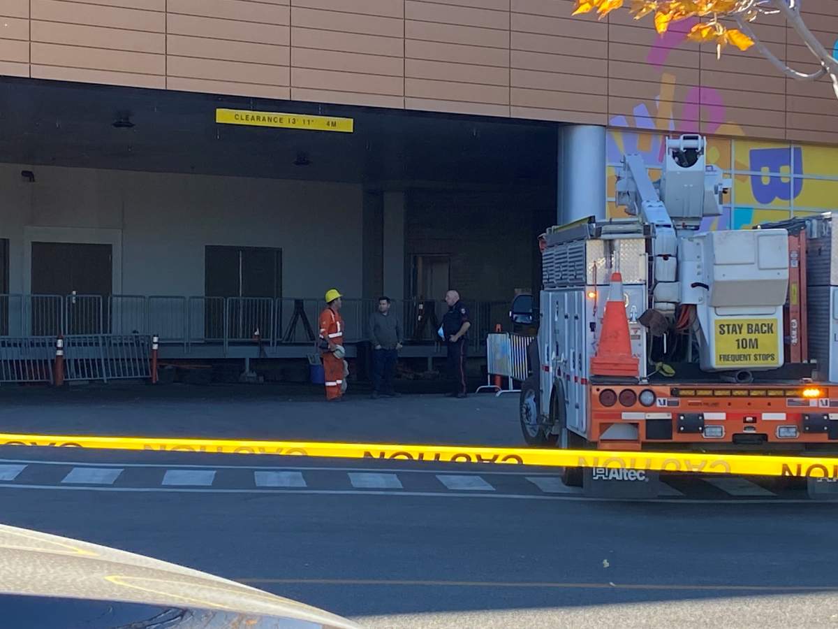 Emergency crews outside the Southcentre Mall in Calgary after a person was electrocuted.
