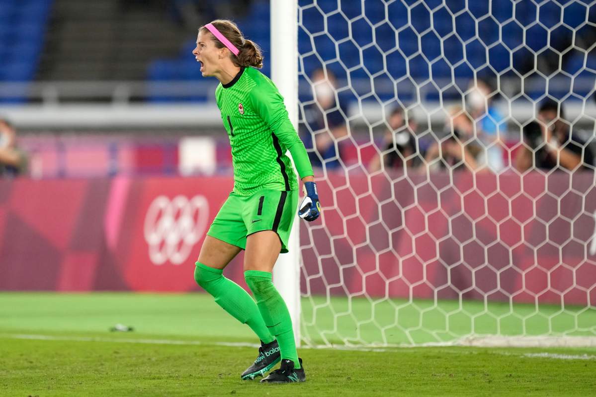 Canada's goalkeeper Stephanie Labbe reacts in a penalty shootout during the women's final soccer match against Sweden at the 2020 Summer Olympics, Saturday, Aug. 7, 2021, in Yokohama, Japan.