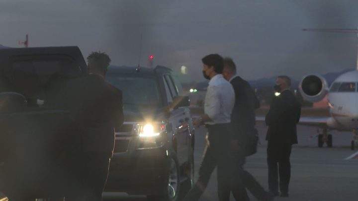 Trudeau pictured early on Saturday after welcoming the ‘Two Michaels’ in Calgary.