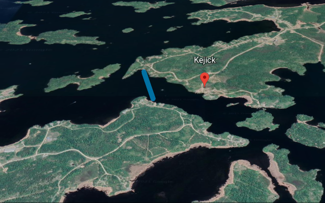 Pictured: The approximate path of the former barge that connected members of Shoal Lake 40 First Nation (lower) to the rest of Canada, via Shoal Lake 39 First Nation (upper, red pin)