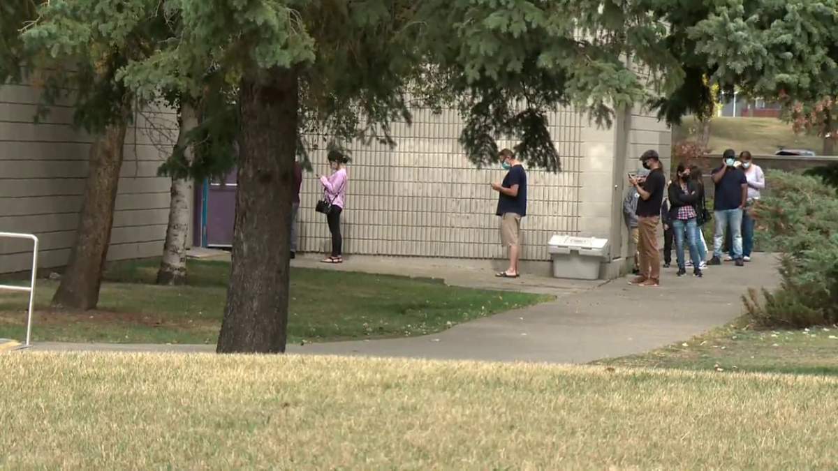 The Edmonton South Assessment Centre sees lineups out the door for COVID-19 testing Tuesday, Sept. 7, 2021.