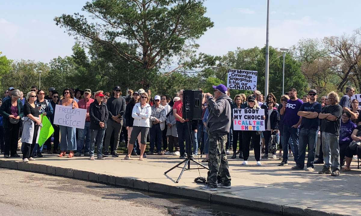 More than 200 people protested vaccine mandates in front of Saskatoon's City Hospital. A national nurses union disavowed the group that purportedly organized it and their beliefs.