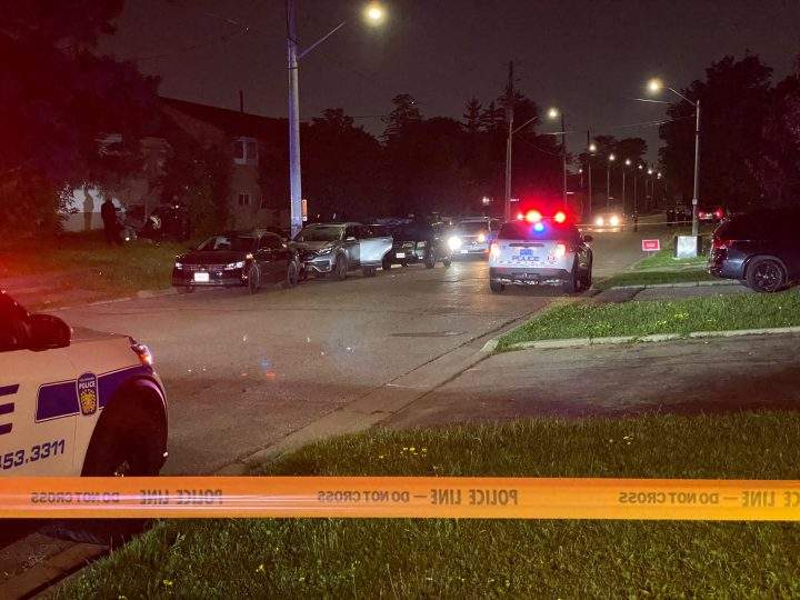Police at the scene of the shooting in the area of Airport and Derry roads Friday.