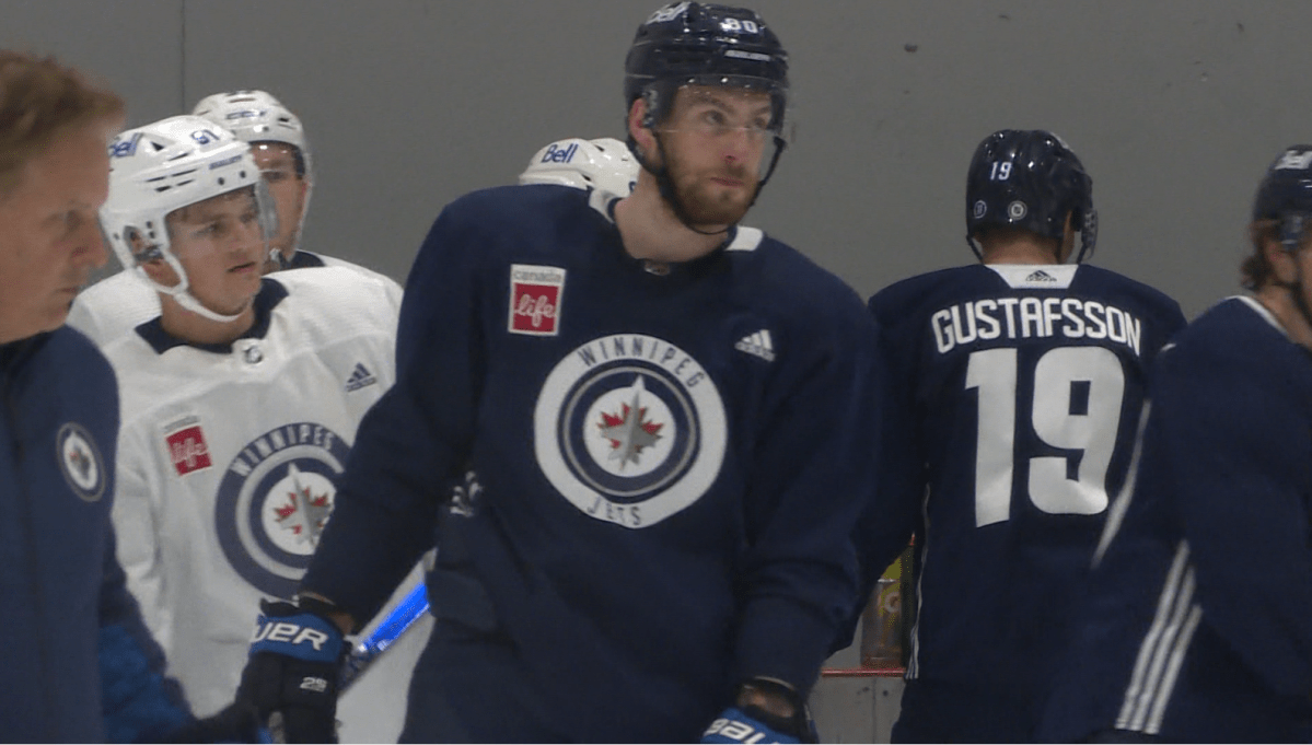 Pierre-Luc Dubois in between drills during the first day of Jets’ training camp.