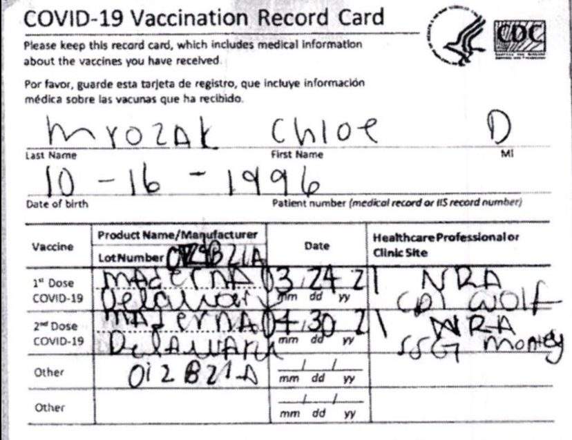 An allegedly falsified vaccine card lists two shots of ‘Maderna.’