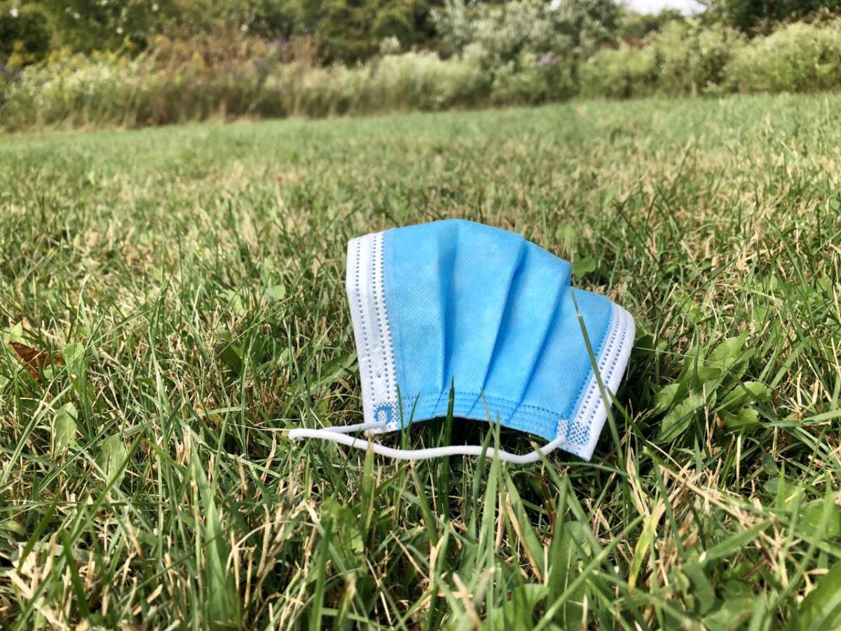 A discarded face mask at a school in Selwyn Township on Sept. 27, 2021. 