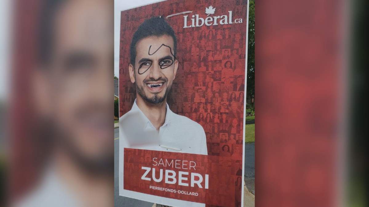 Racist slurs that marred this election sign for Liberal candidate Sameer Zuberi have been blurred. Wednesday, Sept. 8, 2021.