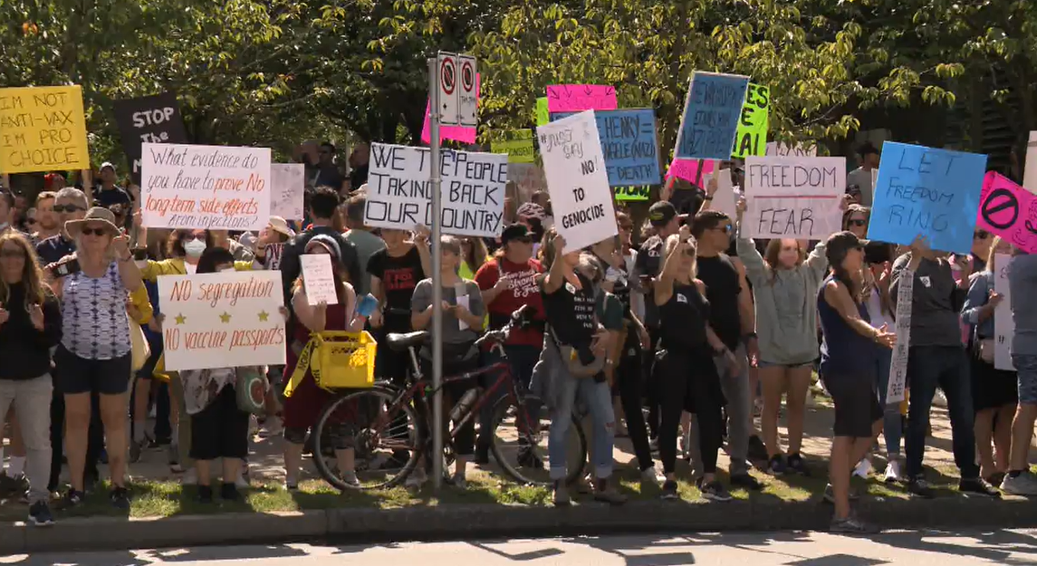 People opposed to B.C.'s vaccine passport program protest outside Vancouver General Hospital on Wednesday, Sept. 1, 2021. 