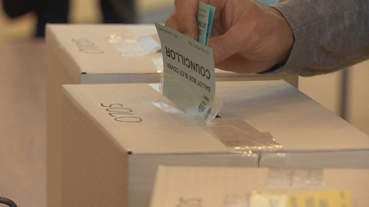 A person casts their vote at a polling station.