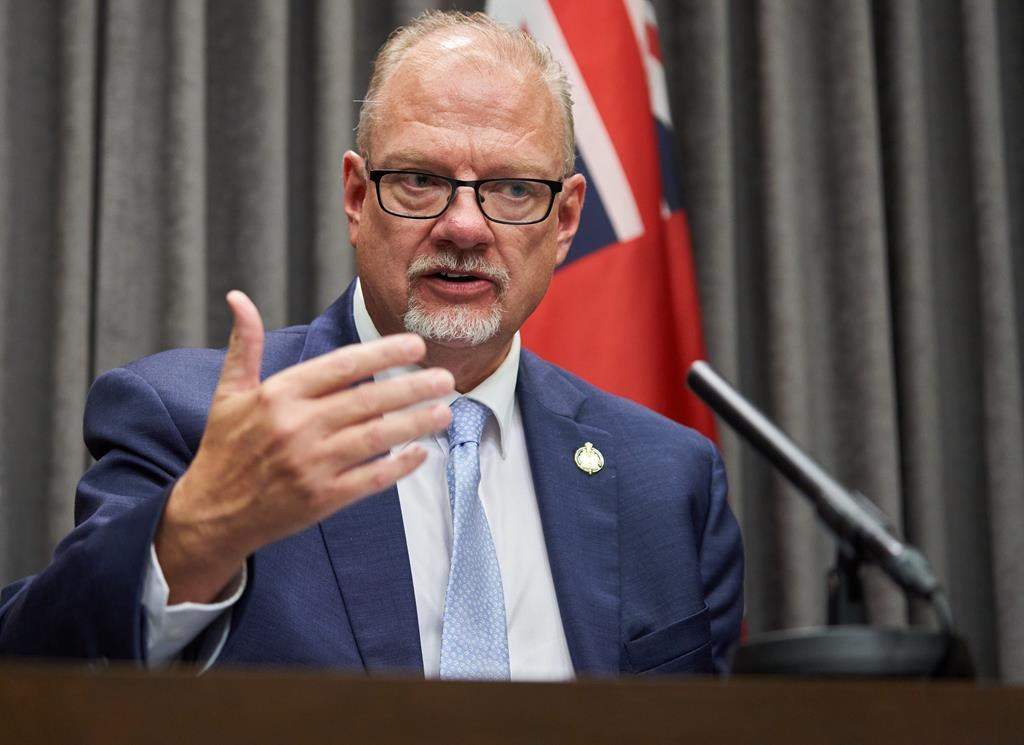Premier Kelvin Goertzen speaks to the media during his first day in office as the premier of Manitoba at the Legislative Building in Winnipeg, Wednesday, Sept. 1, 2021.