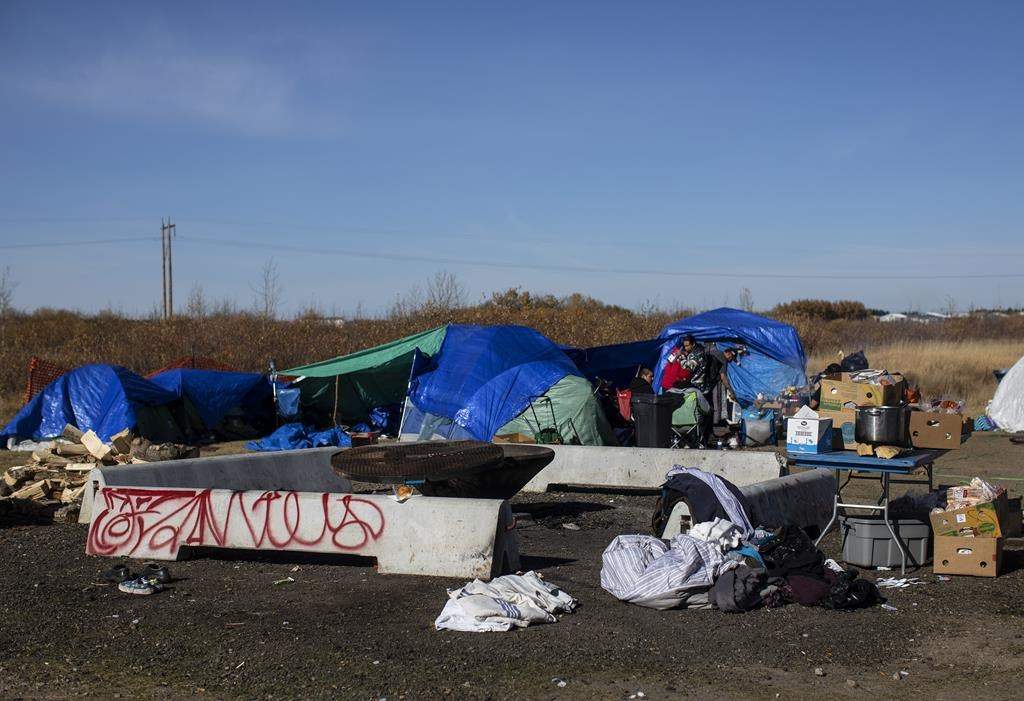 A homeless encampment set up in Wetaskiwin, Alta., is shown on Saturday, Oct. 9, 2021.