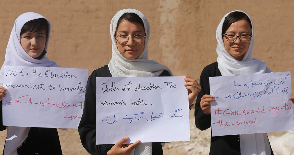 A number of girls in Herat gather to stage a demonstration demanding to continue their education in schools and universities, on September 20, 2021 in Herat, Afghanistan. Demonstrators call on the Taliban government not to discriminate against girls and to allow them to work and study.