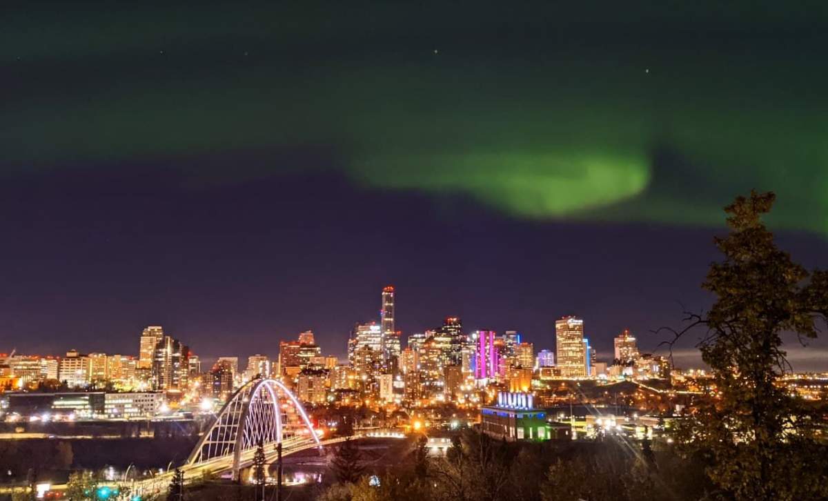 A vivid aurora borealis display in central Edmonton on Monday, Oct. 11, 2021.