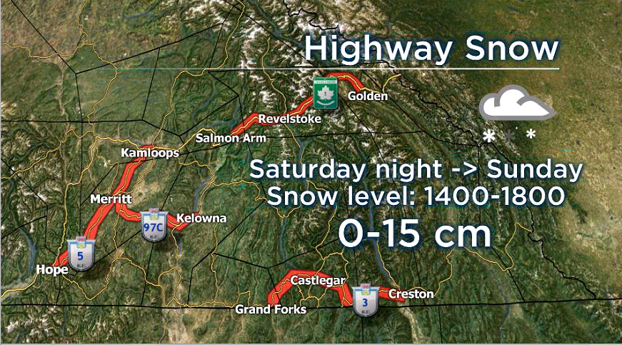 A graphic showing projected snowfall areas along mountain passes in B.C.’s Southern Interior.