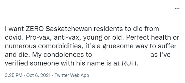 A USask faculty member posted this tweet which outed a well known opponent of COVID-19 restrictions for being in a COVID-19 hospital ward.