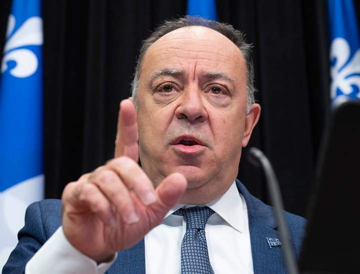 Quebec Health Minister Christian Dubé speaks during a news conference on the COVID-19 pandemic, Thursday, October 7, 2021 at the legislature in Quebec City. 