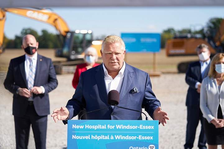 Ontario Premier Doug Ford makes a funding announcement for a new hospital in Windsor, Ontario on Monday, October 18, 2021. THE CANADIAN PRESS/ Geoff Robins