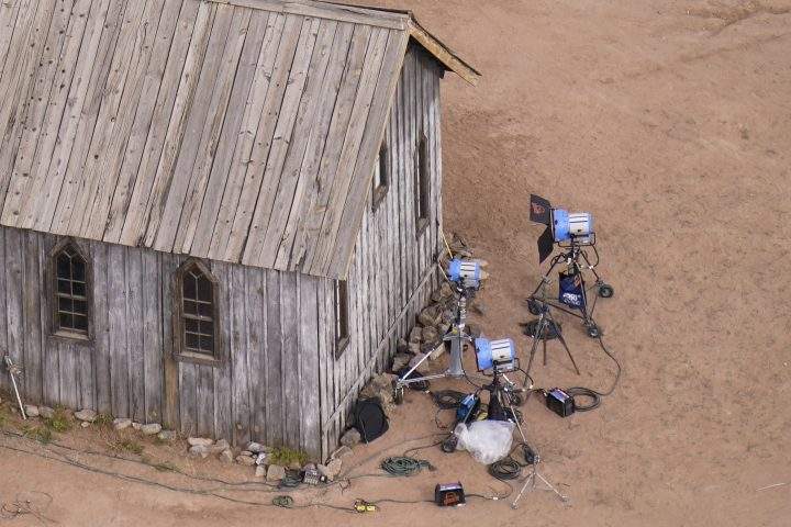 This aerial photo shows a film set at the Bonanza Creek Ranch in Santa Fe, N.M., Saturday, Oct. 23, 2021.
