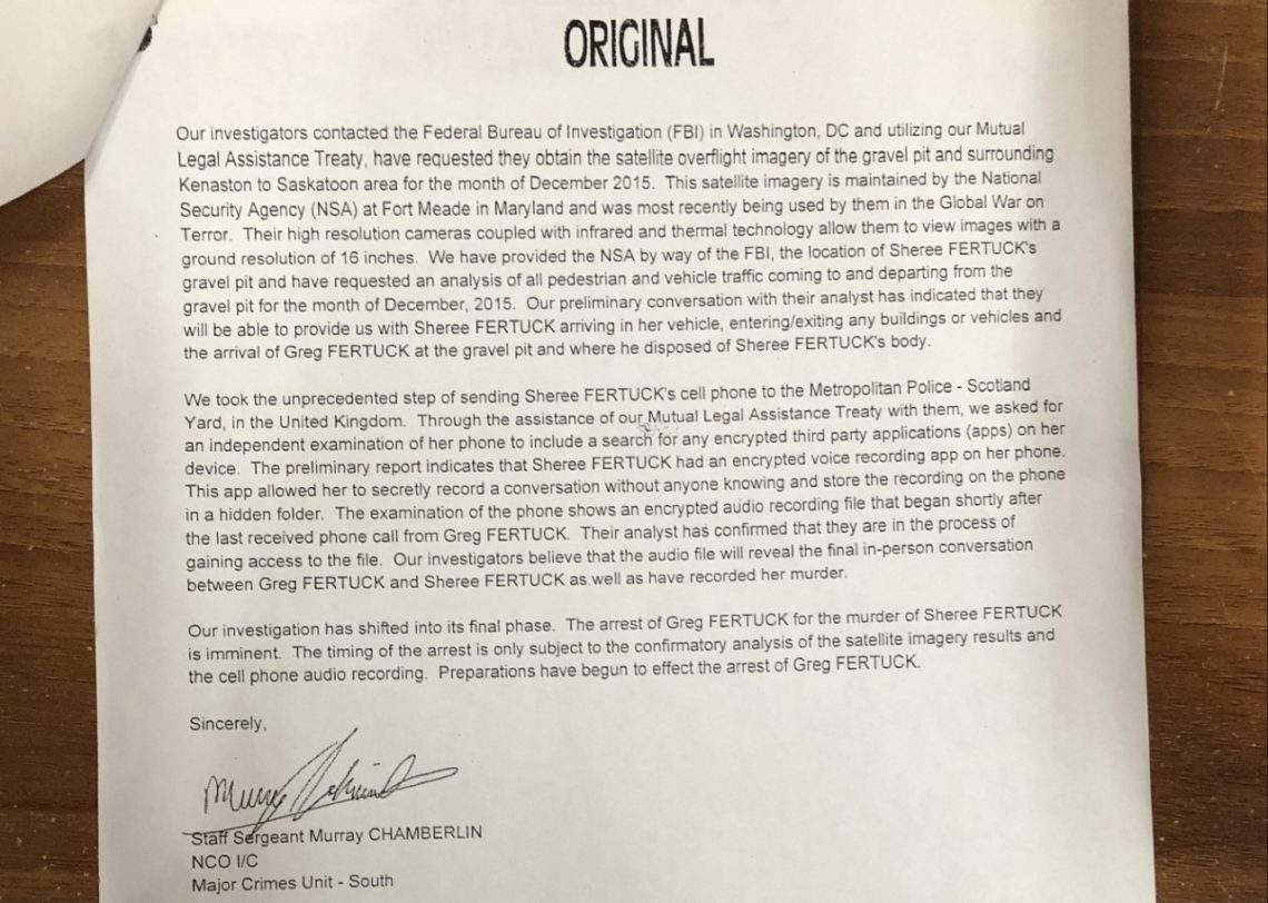 A fake memo crafted by the RCMP claims investigators have contacted the FBI about obtaining satellite imagery of Greg Fertuck.
