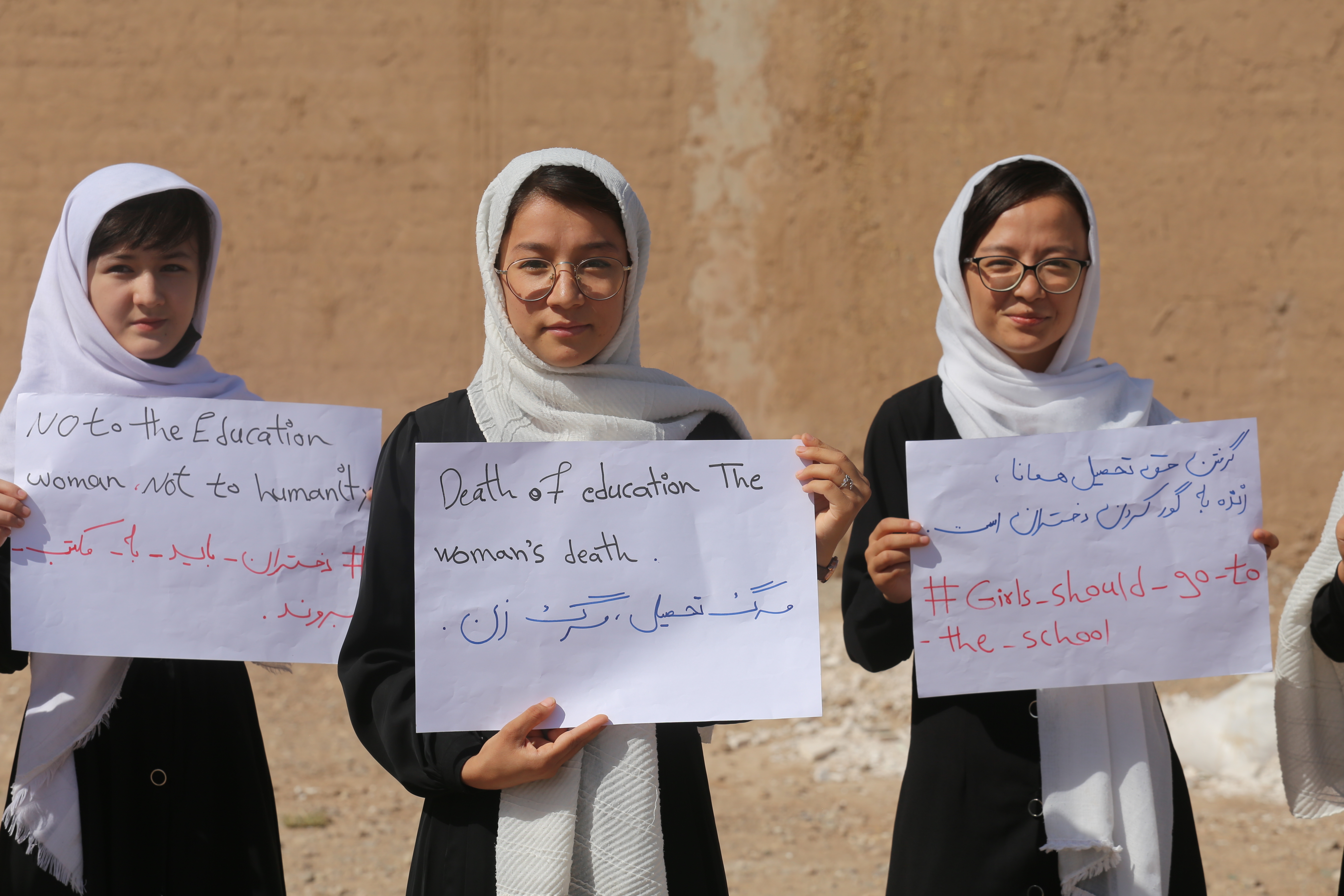 A number of girls in Herat gather to stage a demonstration demanding to continue their education in schools and universities, on September 20, 2021 in Herat, Afghanistan.