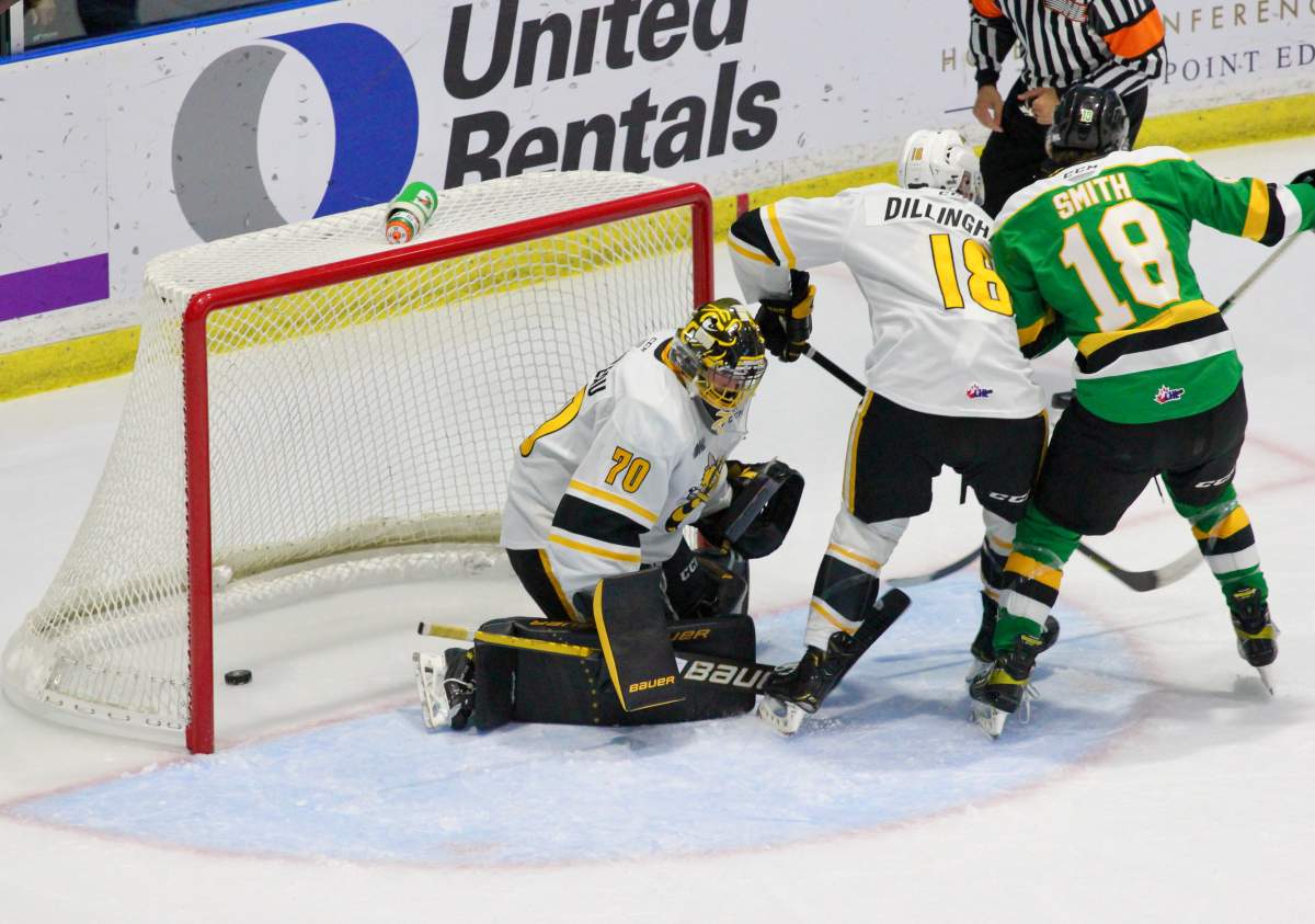 Colton Smith bangs in his second goal of three in Sarnia.
