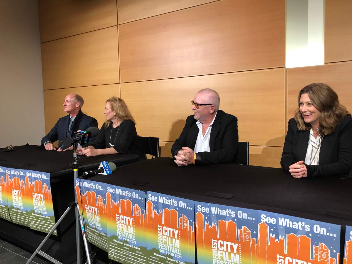 From left to right: Gemini-winning actor and Stratford Festival veteran Colm Feore, FCFF executive director Dorothy Downs, Gemini-nominated director Brad Turner and veteran producer Jessica Petelle take part in a media conference during the festival’s opening night.