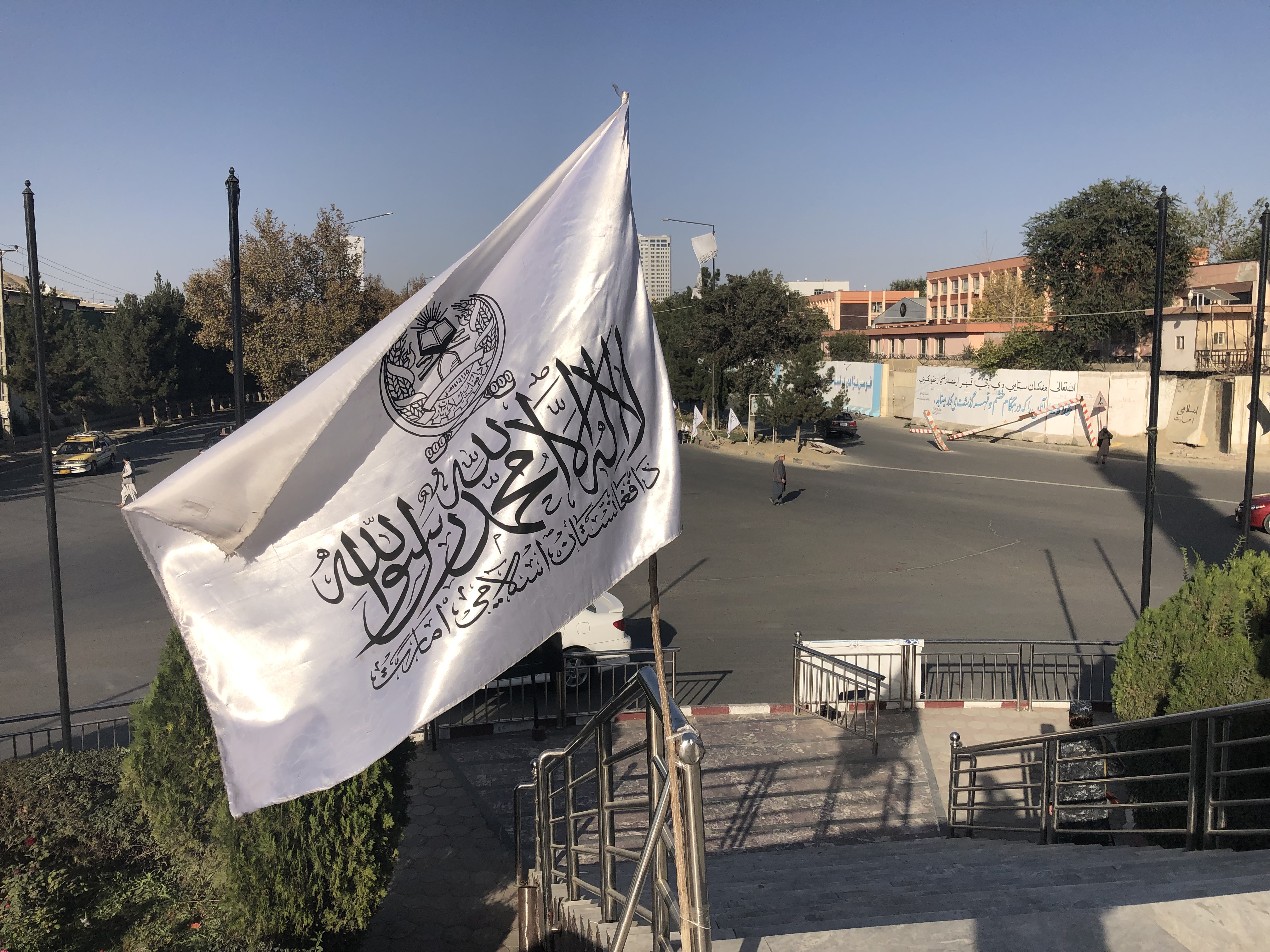 Taliban flag at Massoud Circle, Kabul.