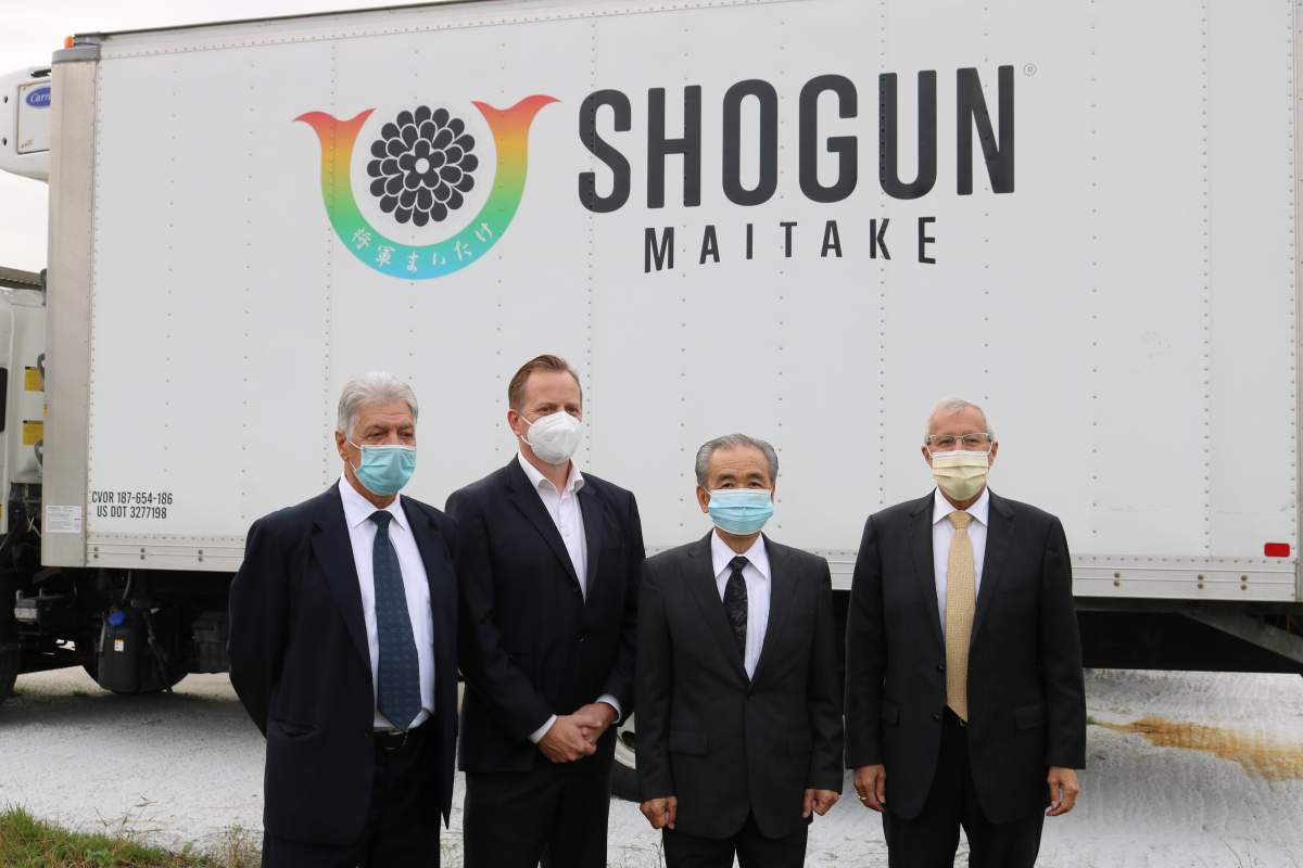 (Left to Right) VP of Shogun Maitake Canada Joe Fontana, MPP Jeff Yurek, CEO of Shogun Maitake Canada Yoshinodu Odaira, and MPP Vic Fedeli outside the Shogun Maitake manufacturing plant in southwest London. Oct. 13, 2021.