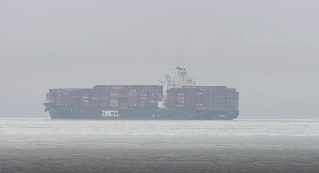 The MV Zim Kingston can be seen here in the distance off the coast of Victoria, B.C. It is missing 40 containers after they fell overboard in bad weather Thursday.