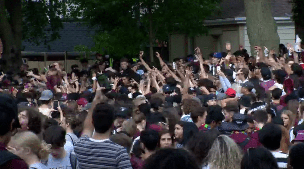 A photo of a gathering in Hamilton's Westdale neighborhood in late 2021 considered a 'nuisance party' by authorities.