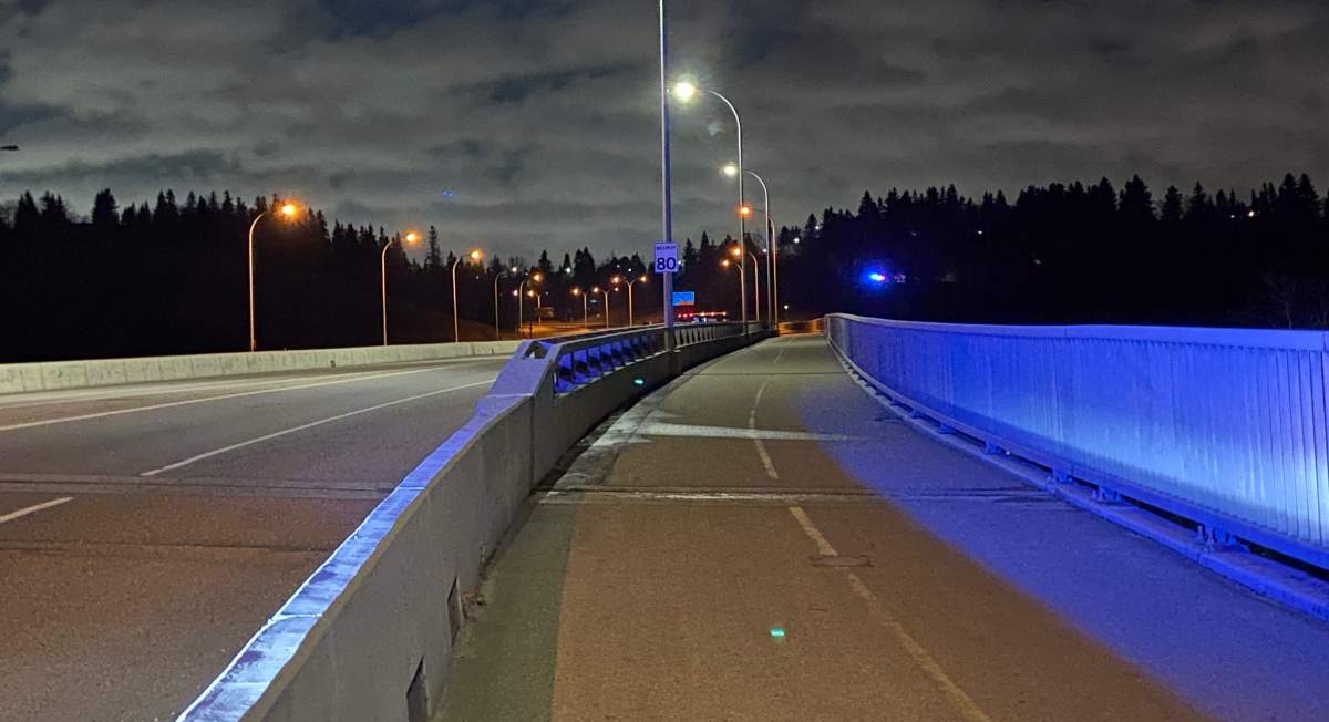 Whitemud Drive was closed in both directions on either side of the Quesnell Bridge due to an Edmonton police investigation on Monday, October 25, 2021.