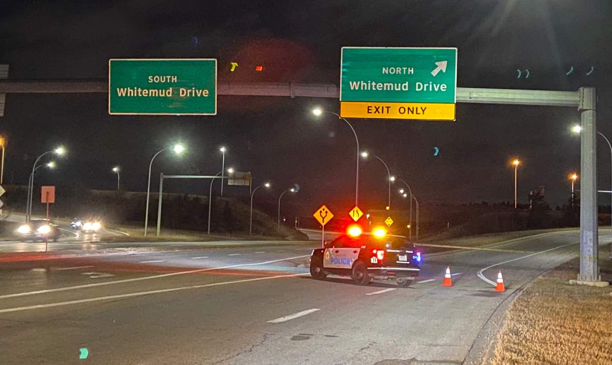 Whitemud Drive was closed in both directions on either side of the Quesnell Bridge due to an Edmonton police investigation on Monday, October 25, 2021.