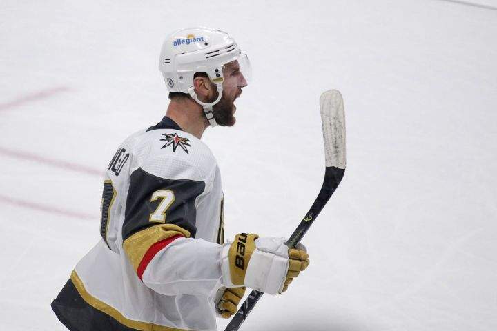Vegas Golden Knights defenceman Alex Pietrangelo celebrates his overtime goal on Minnesota Wild goaltender Cam Talbot during an NHL hockey game Wednesday, May 5, 2021, in St. Paul, Minn. The Golden Knights won 3-2.