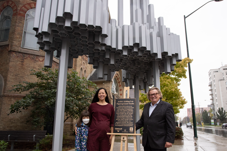 Artist Jyhling Lee and London mayor Ed Holder underneath SITELINES, a sculptural canopy unveiled in downtown London on Oct. 15, 2021.
