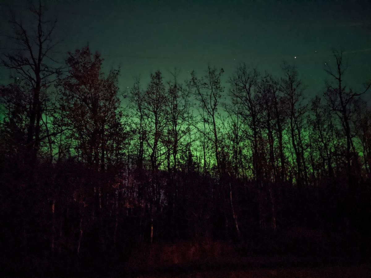 A vivid aurora borealis display in Wetaskiwin, Alta., on Monday, Oct. 11, 2021.