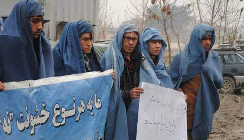 Basir Bita, centre, at women’s rights protest in Kabul, 2015.