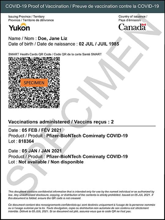 Sample of proof of vaccination document from the Government of Canada.