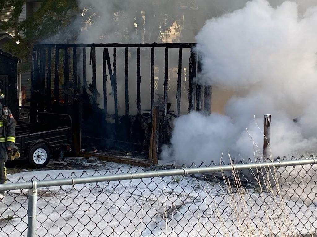 The remnants of a garage after a fire tore through the West Kelowna structure on Sunday, Oct. 17, 2021.